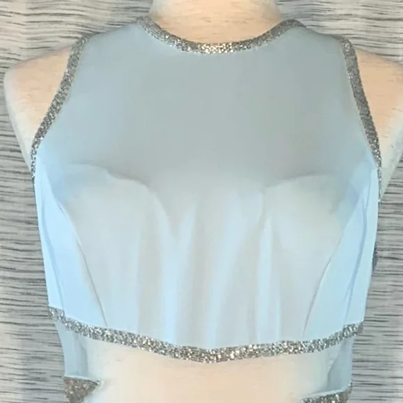 Peak Evenings Sky Blue Sleeveless Formal Evening Gown With Mesh Midriff. - Picture 3 of 15